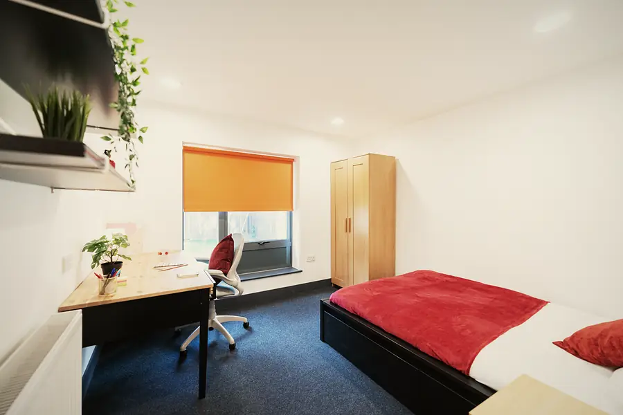 Gold Studio Deluxe at AXO Camden: Bed and study space